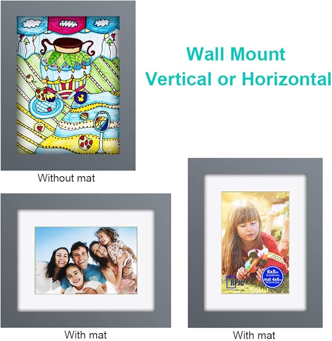 RPJC 6x8 inch Picture Frame Made of Solid Wood and High Definition Glass Display Picture 4x6 with Mat or 6x8 Without Mat for Wall Mounting Photo Frames Grey