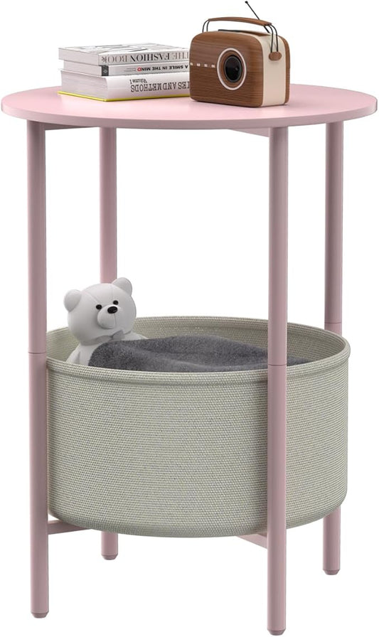 Round End Table with Fabric Basket, Bedside Table with Storage, Morden Round Nightstand, Samll Side Table for Living Room，Bathroom，Bedroom, Nursery, Laundry, Pink