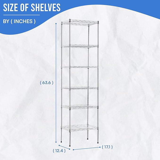 PayLessHere 6-Tier Adjustable Metal Storage Shelves - Max Load Capacity 600 lbs - Easy Assembly - 12" W x 17" D x 64" H NSF Certified - Versatile for Various Uses,Chrome