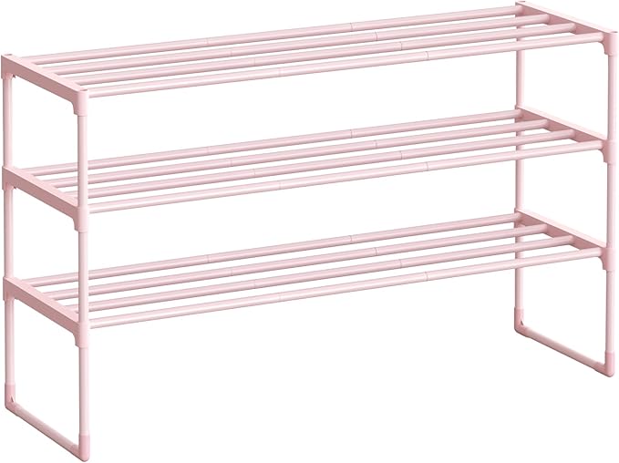 SONGMICS Shoe Rack, 3-Tier Shoe Organizer, Metal Storage Shelf, Upright or Upside Down, for 16-20 Pairs, Stackable, for Entryway, 11.8 x 36.2 x 21.7 Inches, Jelly Pink ULSA303S01