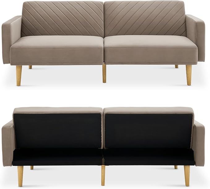 mopio 76.8" Futon Sofa Bed, Small Couch, Sleeper, Loveseat, Mid Century Modern Futon Couch, Sofa Cama, Couches for Living Room (Mocha Brown Premium Velvet)