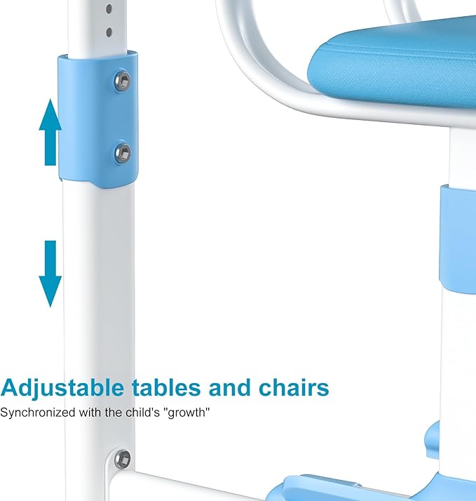 Kids Desk and Chair Set, Height Adjustable Kids Study Table and Chair Set, Children School Desk with Storage Drawer and Book Stand, Ergonomic Child Toddler Deskwith Sitting Posture Corrector (Blue 5)