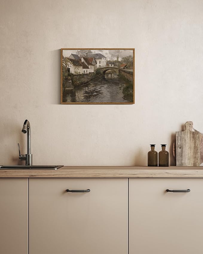 InSimSea Framed Canvas Wall Art Vintage Decor, Landscape Wall Art, Riverside Small Town Pictures Home Decor, Rustic Farmhouse Wall Print for Bedroom Living Room, 12"x16"