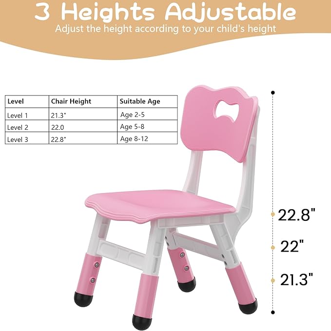 GAOMON Kids Chair Set of 2, 3 Level Height Adjustable Kid Chair, Plastic Toddler Chairs for Children Boys Girls Age 2-6, Suitable for Home Family Classroom Nursery Indoor Use, Pink