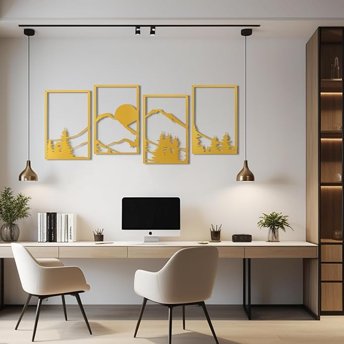 Art3d Black Metal Wall art, 4 Pieces Wall Decor for Living Room Bedroom Hallway Hotel, Natural Mountain Wall Art Style, Line Art Wall Décor