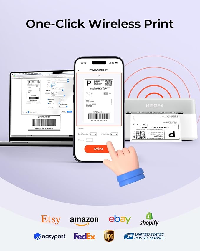 MUNBYN Bluetooth Thermal Label Printer RW403B, Wireless 4x6 Shipping Label Printer for Small Business, Compatible with Android, iPhone, Windows, Mac, Chromebook, Print Width 1.57"-4.25"