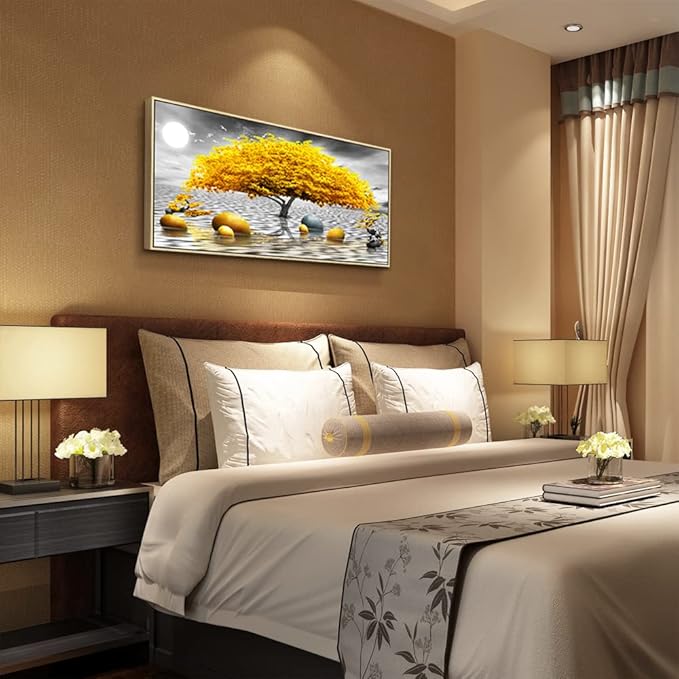 Framed Canvas Wall Art For Living Room Large size Boho Wall Decor For Bedroom Black And White Wall Pictures Yellow Tree wall Painting Office Wall Decor Home Decoration Natural Wood Framed 20" X 40"