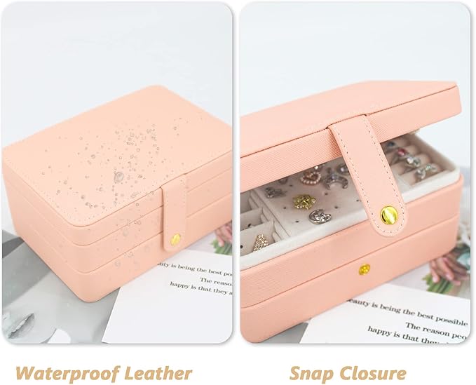 KOOAAICCHI Small Jewelry Box, Travel Jewelry Organizer, Portable Jewelry boxes for Women Girls Gift, Double Layers PU Leather Jewelry Holder for Rings, Earrings, Necklaces-Pink