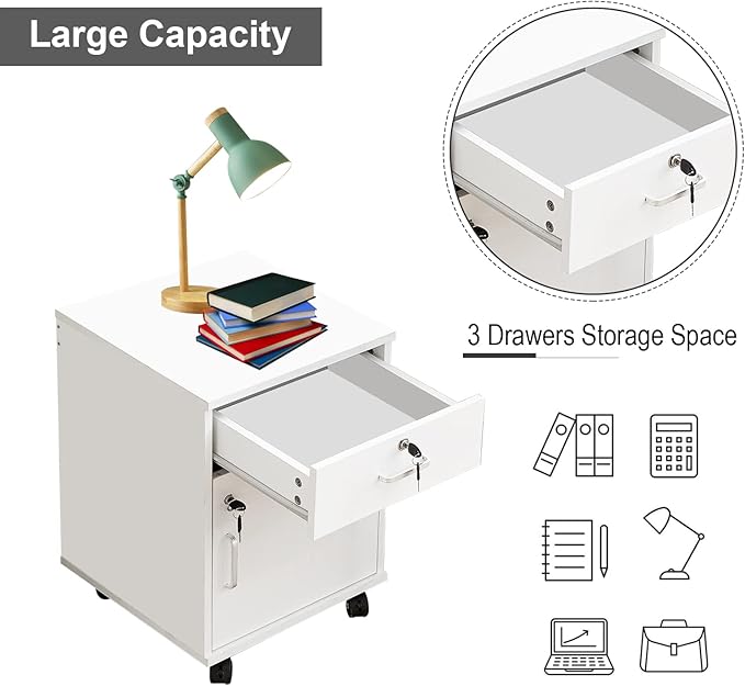 Mobile File Cabinet with Lockable Drawer & Door, Under Desk Storage Cabinet with 360°Swivel Wheels, Wooden Stationery Storage Cabinet for Legal/Letter/ A4 Documents (White)