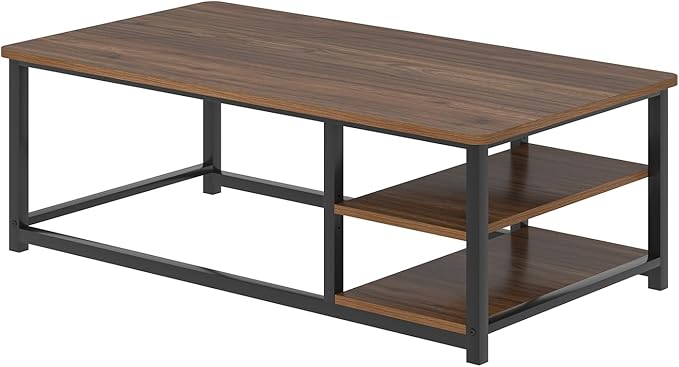 EXCEFUR Modern Coffee Table, Rustic Wood and Metal Center Table for Living Room, Industrial Rectangle Cocktail Tea Table with Storage Shelf, Walnut, 47 Inch