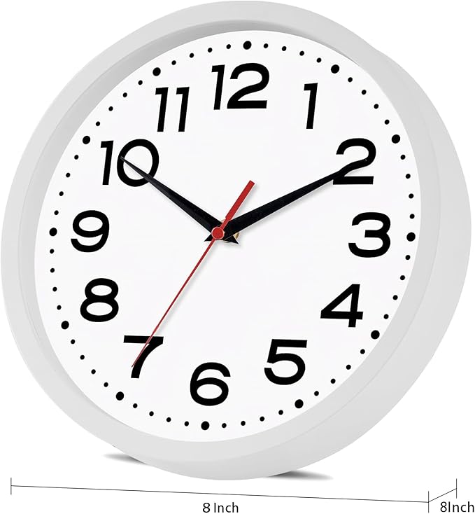 Wall Clock Silent Non-Ticking Modern Clock Battery Operated 8 Inch Small Classic Analog Decorative for Kitchen, Living Room, Office, Bedroom, Bathroom (White)