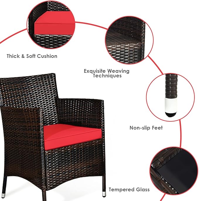 Goplus 4-Piece Rattan Patio Set, Outdoor/Indoor Wicker Conversation Set for Pool, Backyard, Lawn, Wicker Chairs and Sofa with Soft Cushion, Rattan Furniture with Tempered Glass Coffee Table