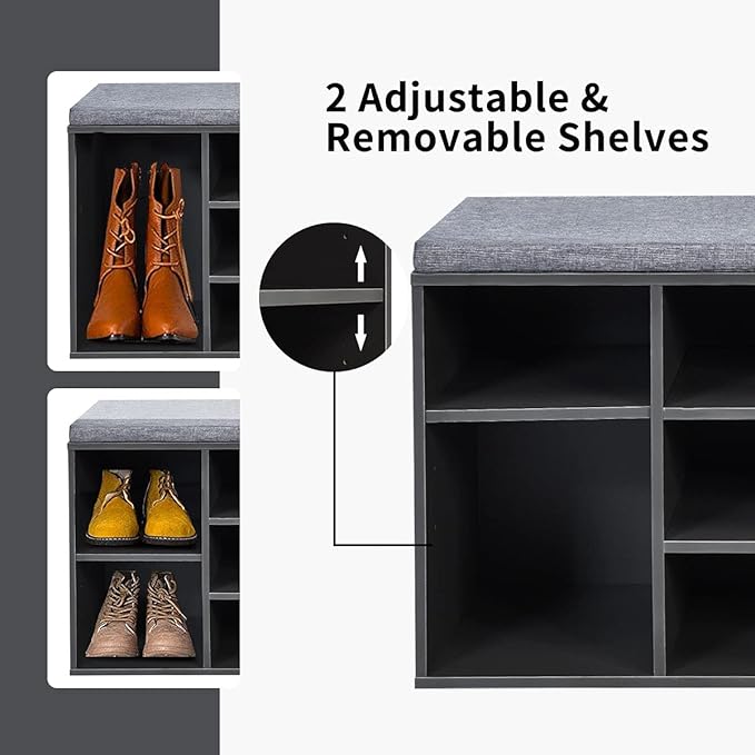 Giantex Shoe Storage Bench with Cushion, Entryway Shoe Rack Bench, Adjustable Shelves, 10-Cubbies Shoe Organizer Bench for Entryway, Living Room, Bedroom, Hallway, Closet, Mudroom (Grey)
