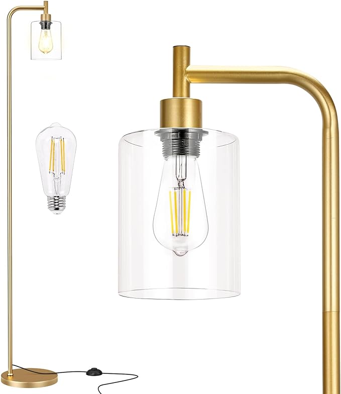 Floor Lamps for Living Room - Industrial Standing Lamp with Glass Shade, Modern Gold Floor Lamp with LED Bulbs, Farmhouse Floor Lamp for Bedroom, Tall Lamp for Office - Gold