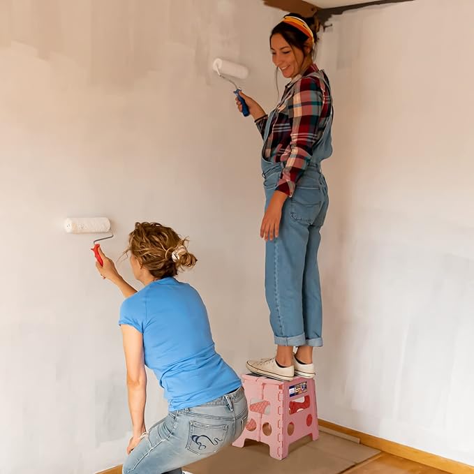 ACKO Folding Step Stool 13 inch Height Premium Heavy Duty Foldable Step Stools for Adults and Kids, Kitchen Plastic Small Collapsible Stepping Stool Hold Up to 300 LB Dot Pink (1 Pack)