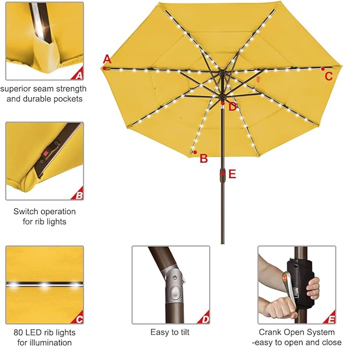 EliteShade USA 10-Year-Non-Fading Solar 9ft 3 Tiers Market Umbrella with 80 LED Lights Patio Umbrellas Outdoor Table with Ventilation,Sunflower Yellow
