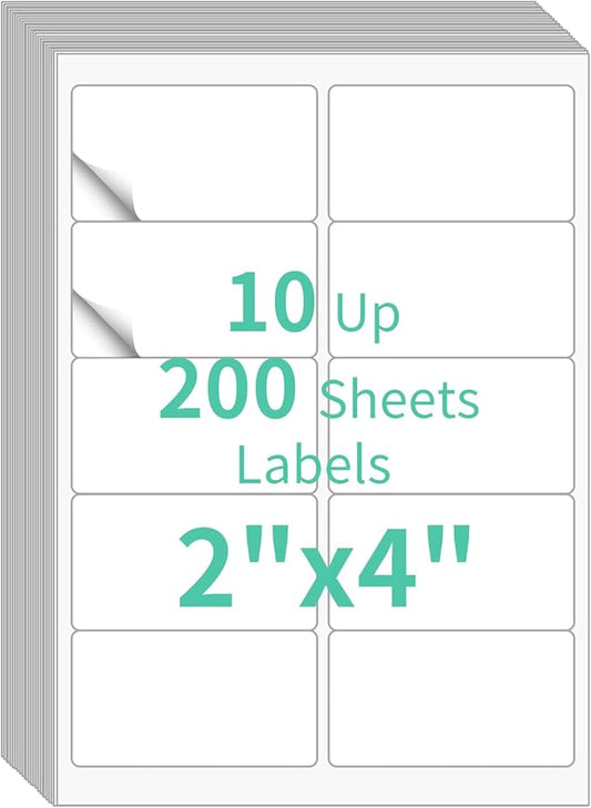 200 Sheets 10 up Labels, 2" x 4" Sticker Printer Paper for Laser/Inkjet Printer, Mailing Blank Labels, Self Adhesive Customizable