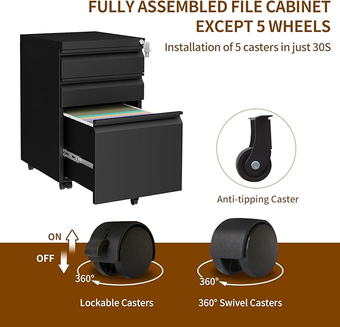 Metal Mobile File Cabinet with Lock and 4 Keys - Fully Assembled, Under Office Desk 3 Drawers Filing Cabinet for Home Office with Anti-tilt Wheels, A4/Legal/Letter Hanging File Drawers