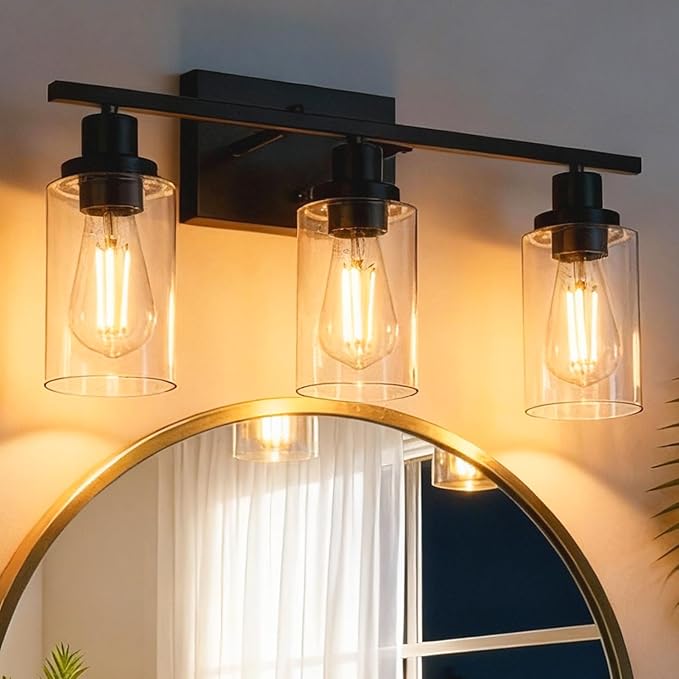 MELUCEE Bathroom Vanity Light Fixtures 24 Inches Length 3 Lights Wall Sconce Black with Clear Glass Shade for Bedroom Living Room Hallway Kitchen (Patent No.: US D963914 S)