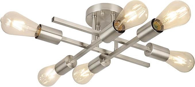 WILON Semi Flush Mount Ceiling Light Fixture, Modern Flush Mount Ceiling Lights, 6-Light Brushed Nickel Sputnik Ceiling Light Fixture with E26 Bulb Base for Hallway Farmhouse Kitchen Bedroom