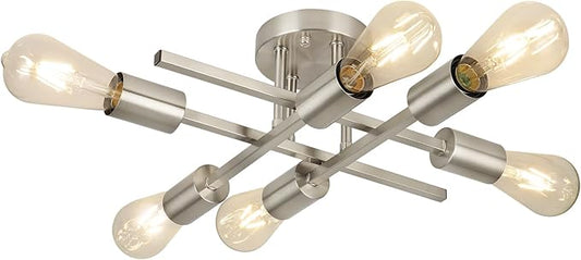 WILON Semi Flush Mount Ceiling Light Fixture, Modern Flush Mount Ceiling Lights, 6-Light Brushed Nickel Sputnik Ceiling Light Fixture with E26 Bulb Base for Hallway Farmhouse Kitchen Bedroom