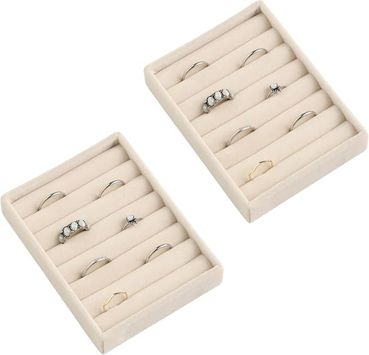 Frebeauty Small Jewelry Tray Set,Velvet Ring Organizer,Stackable Jewelry Organizer Tray,Mini Jewelry Drawer Organizer,4.92 x 3.74 x 0.9 Inches,7 Slots Ring Tray for Women(Set 2,Beige)