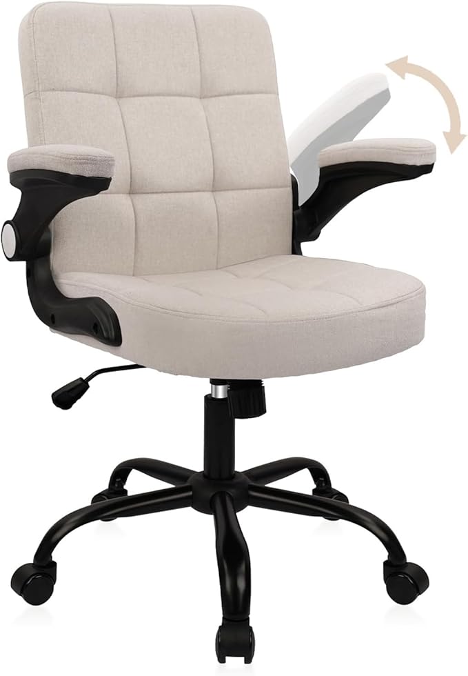 CLATINA Fabric Office Chair Ergonomic Cloth Linen Swivel Desk Chair with Back Support and Padded Flip up Armrests, Executive Rolling Computer Task Chairs for Work, Conference, Home, Study, Beige