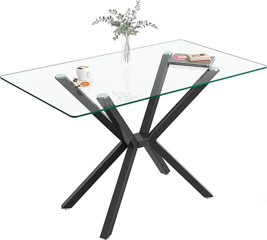 47.24" Rectangular Glass Dining Table Modern Kitchen Glass Top Table for 4 with Black Metal Legs, Clear Dining Table Kitchen Table for Home Office Dining Room
