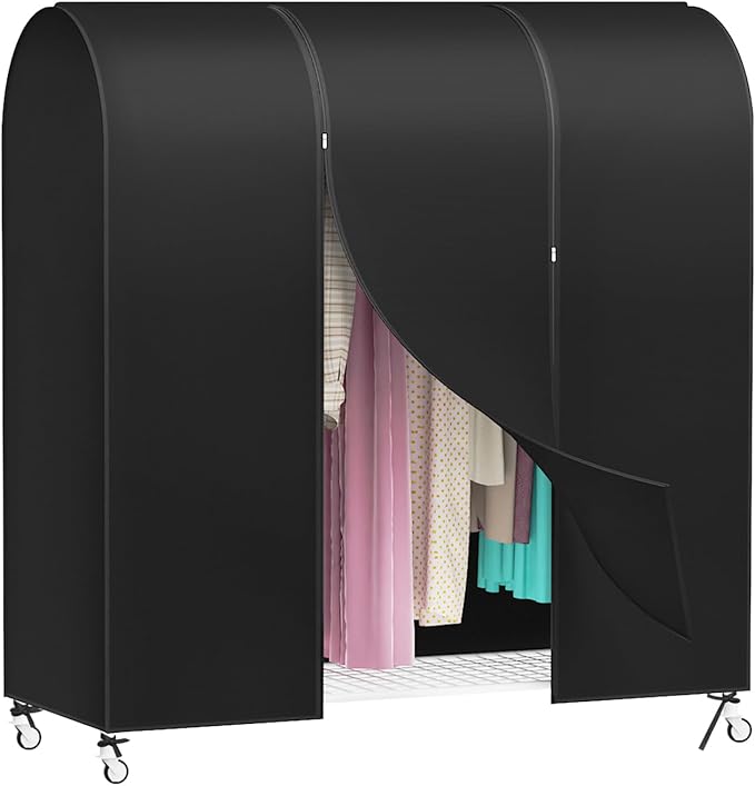 Zilink 60'' Garment Rack Cover Dustproof Clothes Rack Cover Breathable Garment Bags Protector Wardrobe Cover with 2 Durable Zippers for Garment Rack, Black, (Rack Not Included)