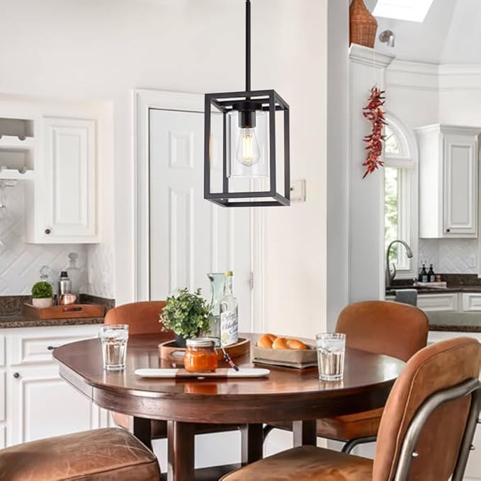 VINLUZ 1 Light Farmhouse Pendant Lighting Black Cage Chandelier Glass Shade Contemporary Modern Kitchen Island Lights Fixtures Ceiling Hanging Dining Room Living Room