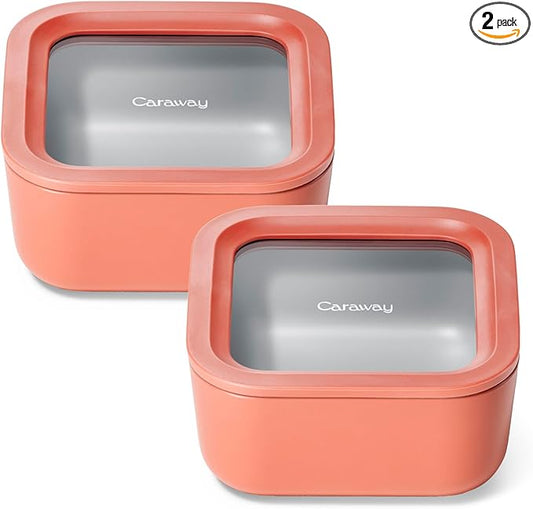 Caraway 2pc Glass Food Storage Set - 4.4 Cup Food Containers (2) - Ceramic Coated - Non Toxic, Non Stick Lunch with Lids - Dishwasher, Oven, & Microwave Safe - Perracotta