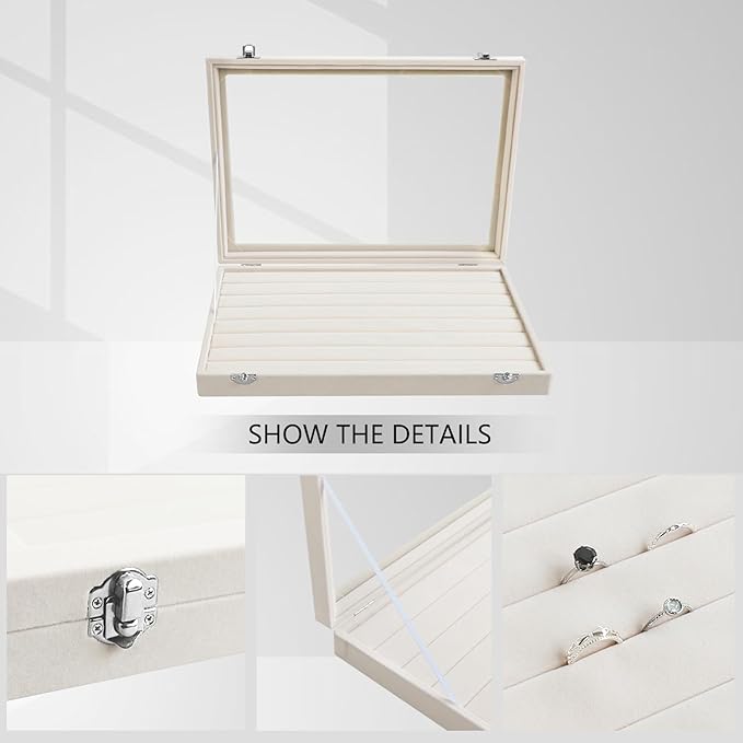 Wudygirl Ring Display with Clear Lid Organizer and Showcase Rings Box with 7 Slots Jewelry Tray for Drawer Velvet Rings Holder Accessories Storage (Beige Velvet)