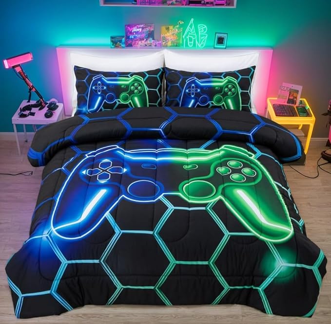 NTBED Game Console Comforter Set for Boys Girls Kids Geometric Lightweight Microfiber Bedding Sets (Blue Green, Full 5Pcs)