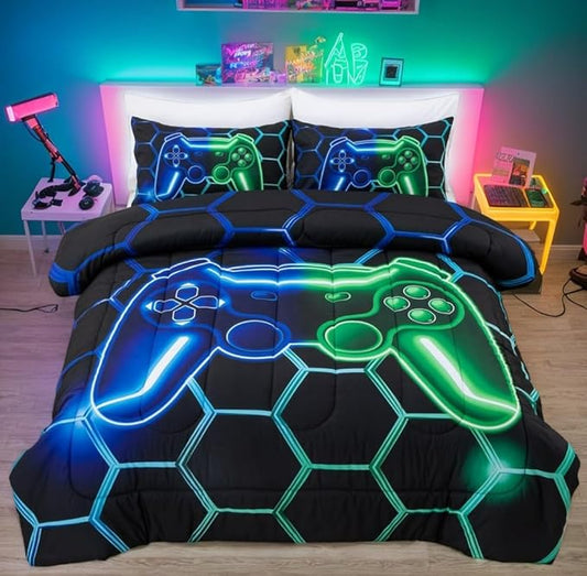 NTBED Game Console Comforter Set for Boys Girls Kids 3D Gaming Geometric Lightweight Microfiber Gamer Bedding Sets (Blue Green, Twin 5Pcs)