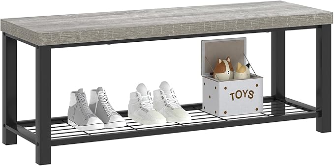 FOLUBAN Entryway Bench, Rustic Wood and Metal Shoe Storage Bench for Hallway Front Door Entrance, Industrial Indoor Bench for Bedroom Living Room, 43.3 Inch Light Grey
