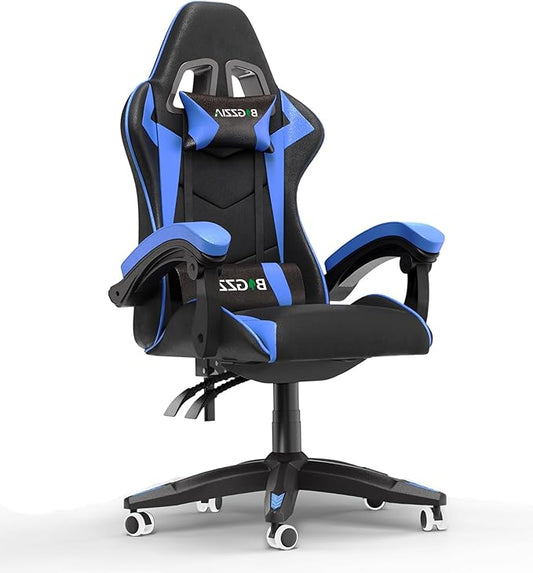 Gaming Chair High Back, Ergonomic Computer Gamer Chair with Headrest and Lumbar Support, Racing Style Reclining Game Chair for Adults, Kids (Blue-Black)