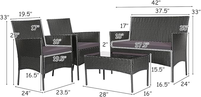 Tangkula 8 Pieces Patio Rattan Conversation Set, Outdoor Wicker Furniture Set with Tempered Glass Coffee Table &Thick Cushion, Rattan Chair Wicker Set for Garden, Lawn, Poolside and Backyard