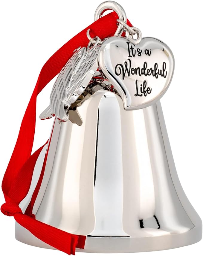 It's a Wonderful Life Inspired Christmas Angel Bell Ornament with Stainless Steel Angel Wing Charm. New Larger Size and Now Comes with 2 Interchangeable Ribbons. (Shiny Silver)