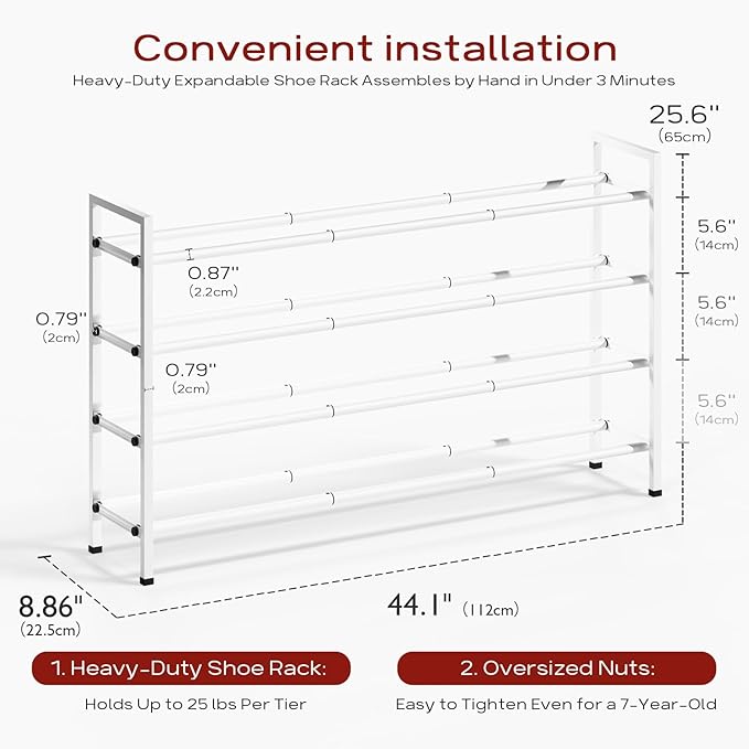 Bumusty 4-Tier Long Expandable Shoe Rack for Closet, 18"-44" Adjustable Shoe Rack for Entryway, 20-24 Pairs Large Shoe Organizer Shelf Storage, Sturdy Metal, White