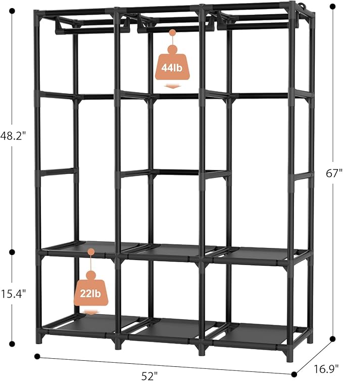 Wardrobe Closet, Portable Closets for Hanging Clothes 19mm Steel Tube Portable Wardrobe Closet for Bedroom, Clothes Rack with Cover, 3 Hanging Rod, 6 Storage Shelves and Side Pocket