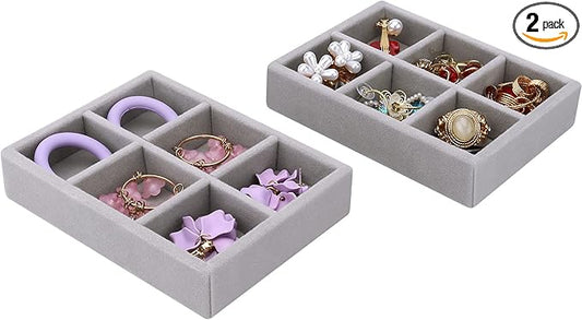 DesignSter Small Jewelry Tray, 2PCS Ring Organizer, Velvet Jewelry Display Tray, Stackable Jewelry Organizer Trays, Jewelry Drawer Organizer Inserts For Dresser, Jewelry Box (Gray)