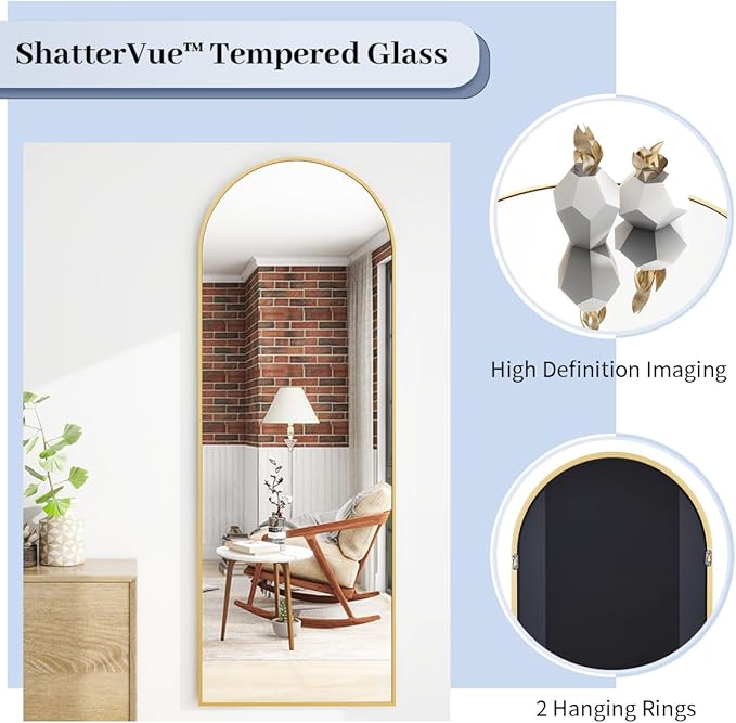 BEAUTYPEAK 64"x21" Arch Floor Mirror, Full Length Wall Hanging or Leaning Arched-Top Full Body Mirror with Stand for Bedroom, Dressing Room, Gold