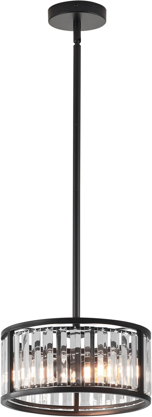 Black Flush Mount Ceiling Light, 2- Light Caged Crystal Chandelier, Small Drum Hallway Light fixtures Ceiling Mount (11 INCH Black Pendant Light(2-Light))