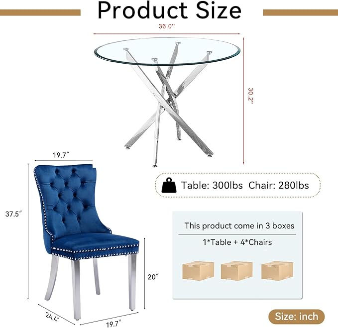 Goujxcy Small Round Dining Table Set for 4, Modern Glass Kitchen Table Chairs Set of 4, 5-Piece Dining Table Set w/36 Circle Silver Glass Dining Room Table and 4 Blue Upholstered Dining Chairs