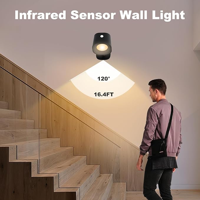 Infrared Sensor Wall Sconces, RGB Wall Mounted Lamp Rechargeable Battery Operated, 6 Brightness & 11 Light Modes LED Wall Lights 360° Rotation Magnetic Wireless Light for Bedroom Living Room