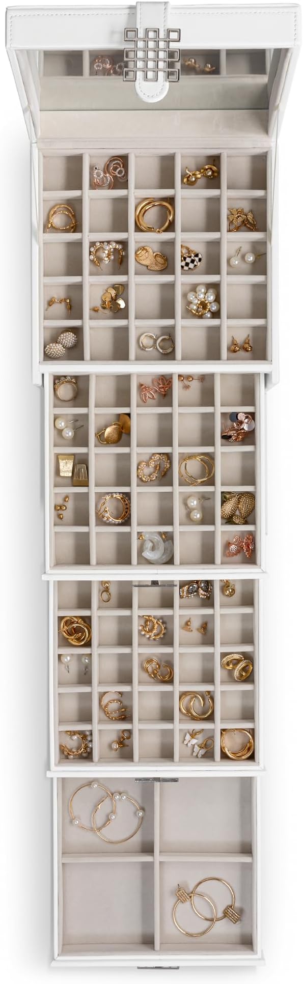Earring Organizer Holder - 75 Small & 4 Large Slots Classic Jewelry Box with Drawer & Modern Closure, Mirror, 4 Trays Earrings, Ring or Chain Storage - PU Leather Case - White