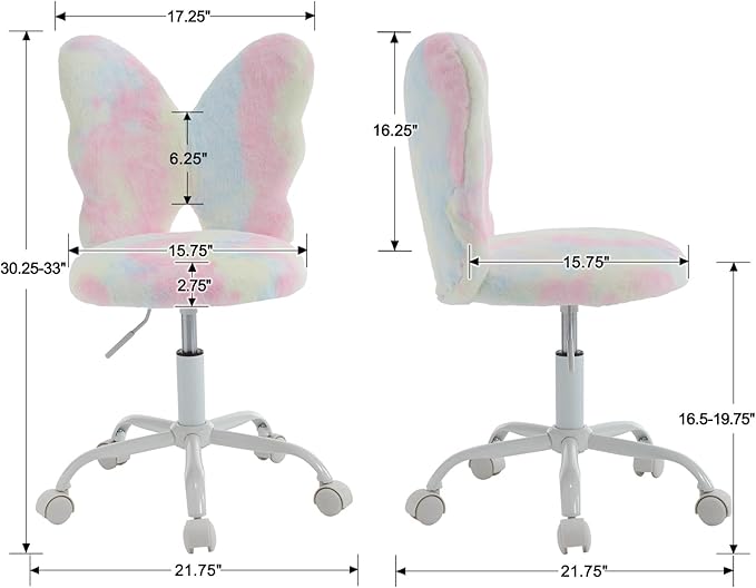 Butterfly Kids Desk Chairs Girls Students Study Chair Adjustable Computer Chairs Furry Swivel Office Child Reading Chair for Home/Bedroom/School/Dorm, Colorful