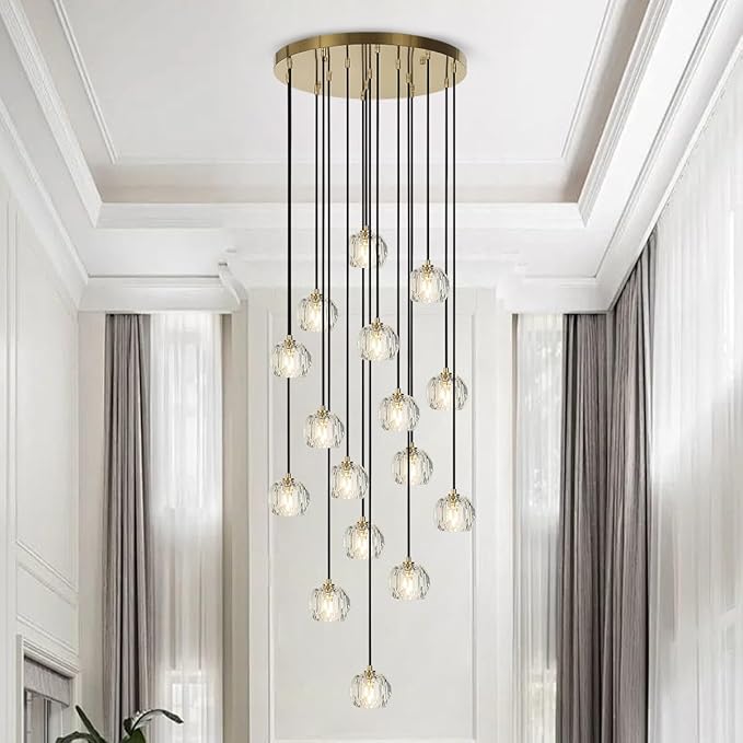 Foyer Crystal Chandelier, 16 Lights Brushed Brass High Ceiling Pendant Chandelier, Modern Cut Crystal Raindrop Entryway Lighting Fixture for Staircase