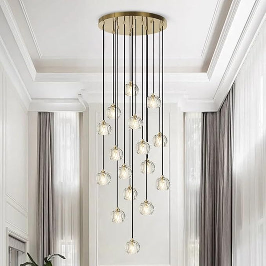 Foyer Crystal Chandelier, 16 Lights Brushed Brass High Ceiling Pendant Chandelier, Modern Cut Crystal Raindrop Entryway Lighting Fixture for Staircase