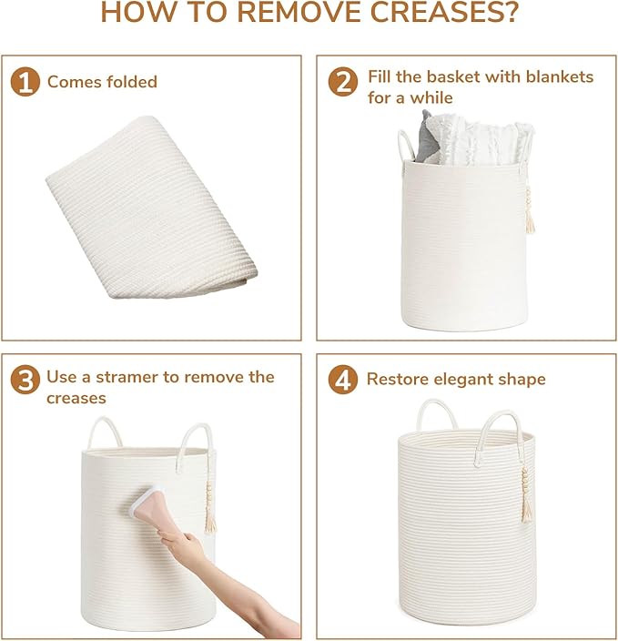 Goodpick White Laundry Basket with Handles, Tall Woven Laundry Hamper for Clothes, Towels, Pillows, Toys, Decorative Blanket Basket for Living Room, Bedroom, Playroom, 16 x 20 inches